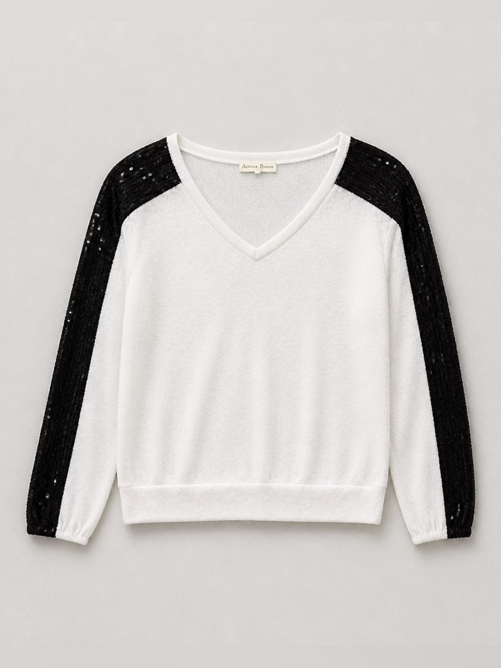 Lace-Trim V-Neck Sweater in White and Black Sequin